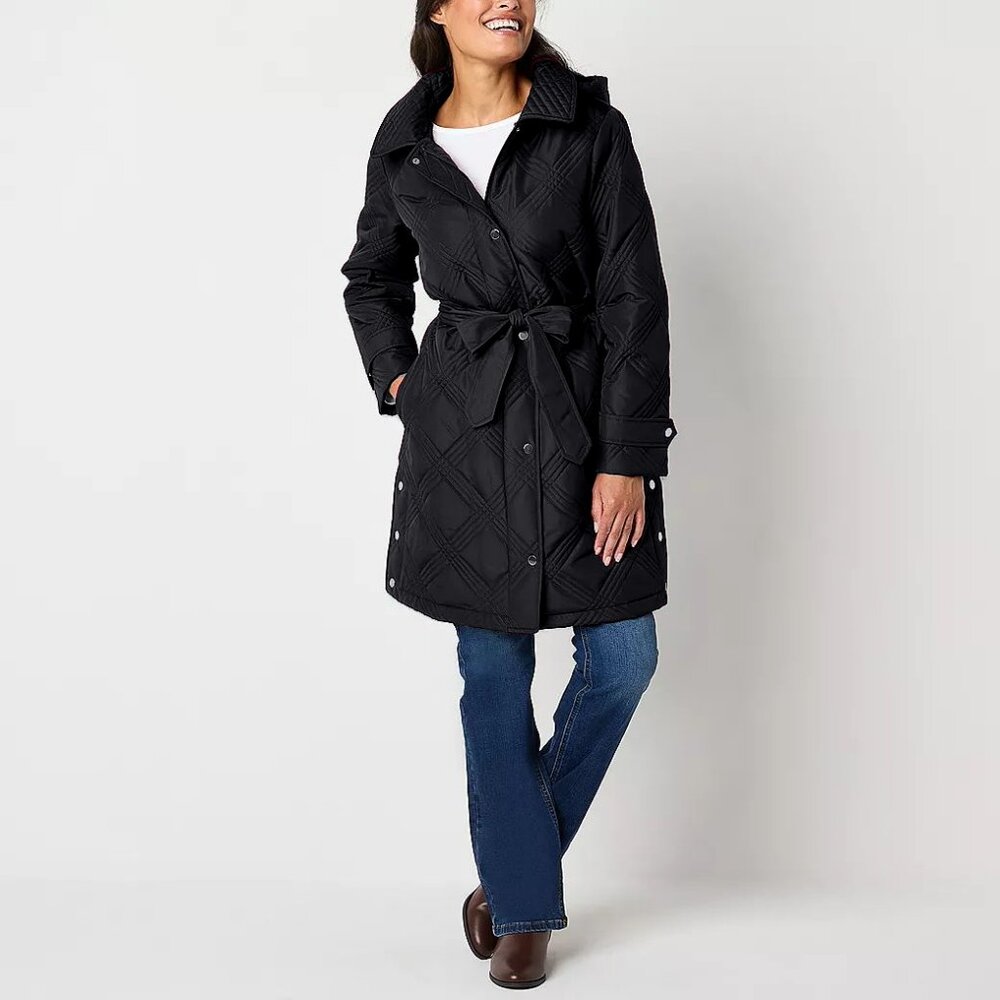 New Liz Claiborne Belted Midweight Quilted Long Jacket/Coat, Black, Size XL